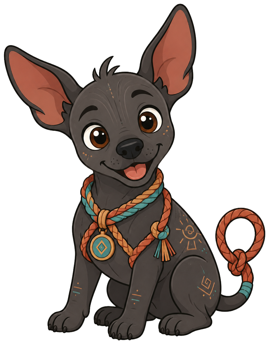 Mecatito, the Mecatl mascot, a Xoloitzcuintli puppy wearing a teal rope collar with Mesoamerican markings